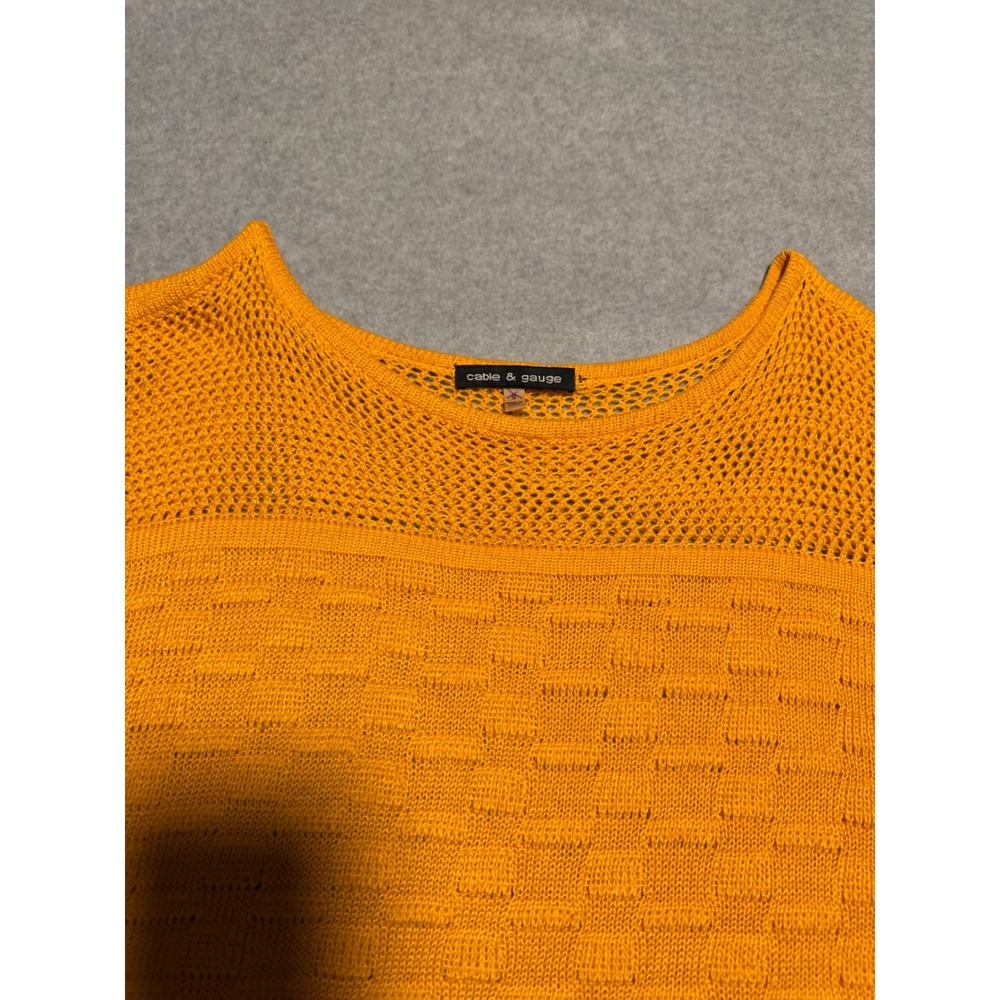 Cable & Gauge Orange Knit Short Sleeve Sweater Mesh Yoke Basketweave Top S - Picture 4 of 4